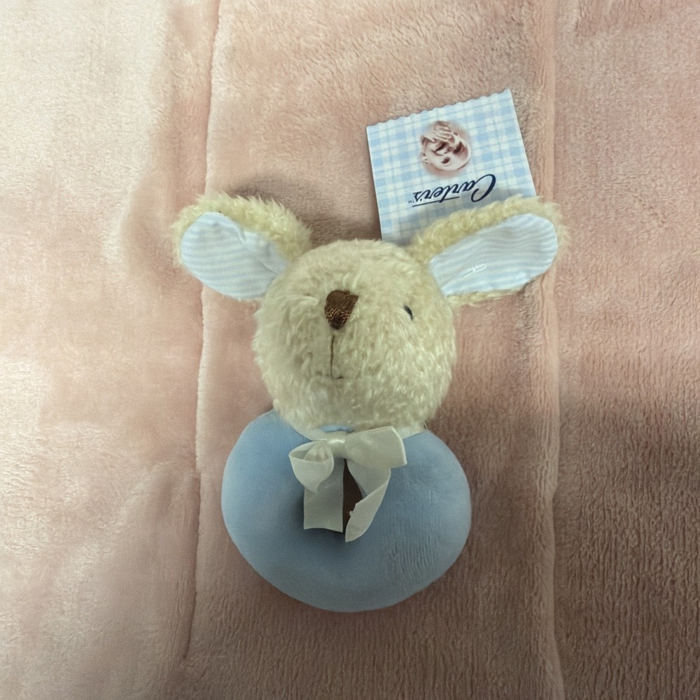 Carters Just One Year Stuffed Plush Puppy Dog Baby Ring Rattle Toy Blue